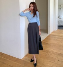 명제로 사선 절개 랩 뒷밴딩 롱 스커트