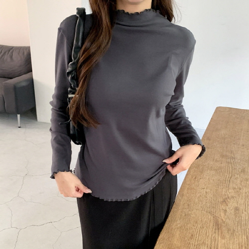 후근라 무지 프릴 물결 반폴라 긴팔 티셔츠