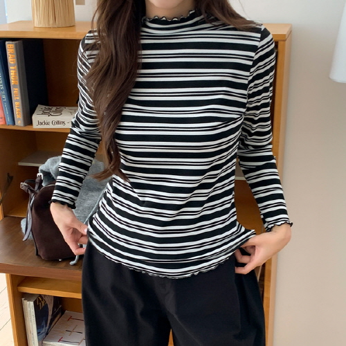 노람뷰 단가라 물결 프릴 반폴라 슬림 긴팔 티셔츠