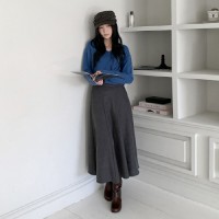 머민누 하이웨스트 핀턱 스웨이드 플레어 롱스커트