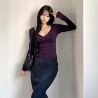 더미루 기모 랩 절개 딥브이넥 슬림 긴팔티셔츠